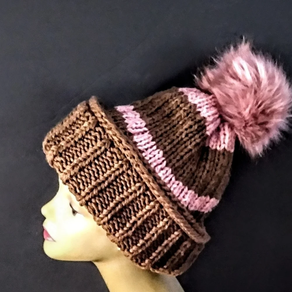 Versatile, Authentic Hand Knitted Beanies Accented With Faux Fur PomPom.